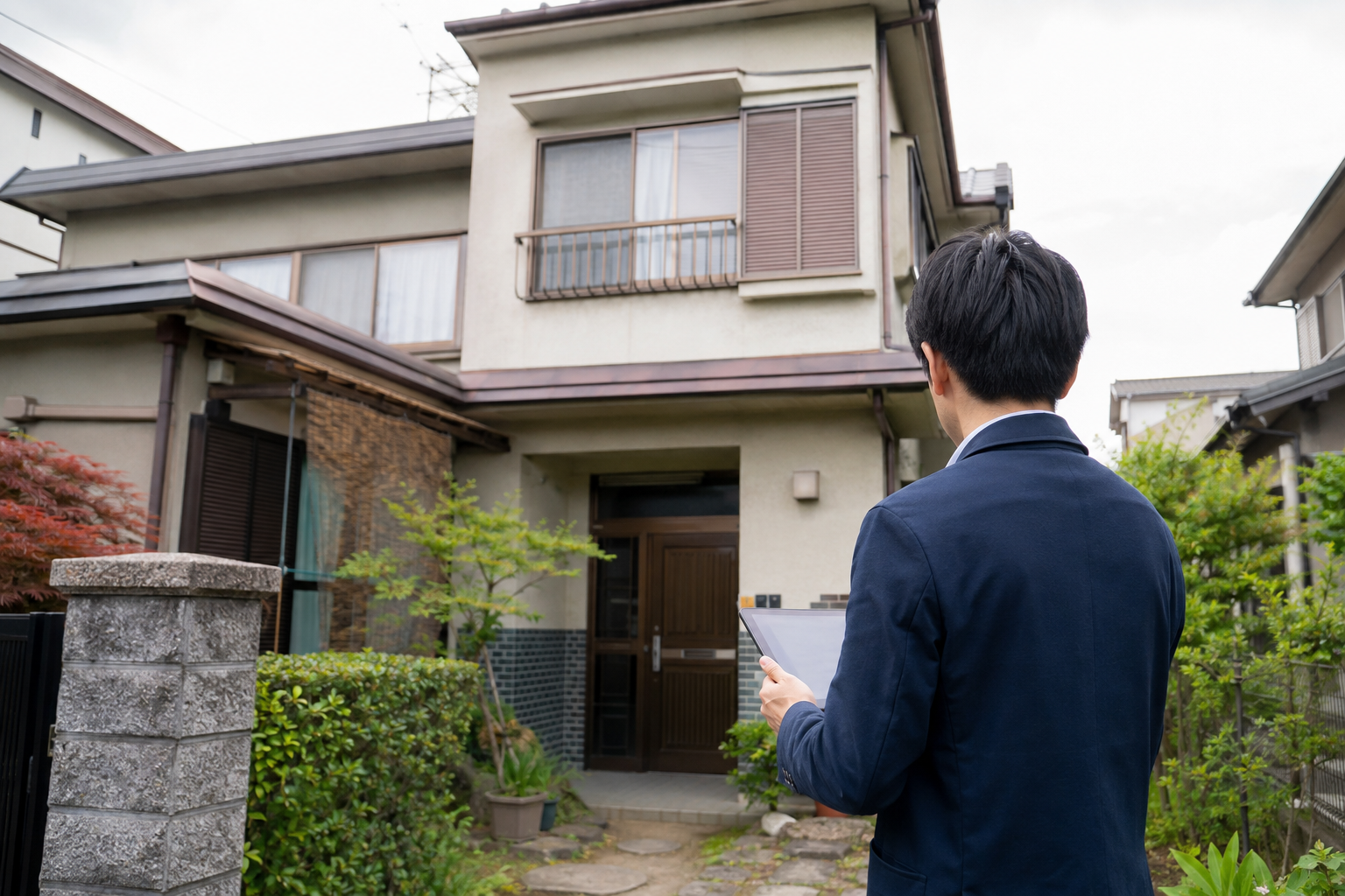 大阪市の戸建て住宅を不動産買取のため現地確認する担当者