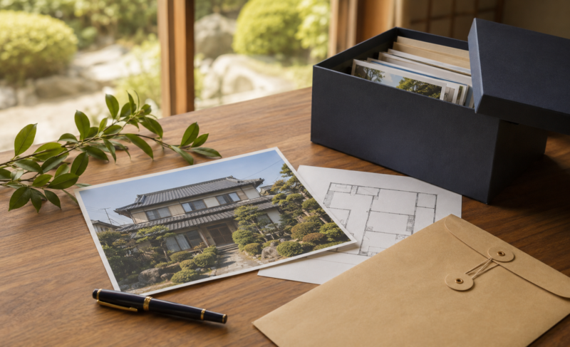 相続した実家の写真と不動産関係書類を整理する様子